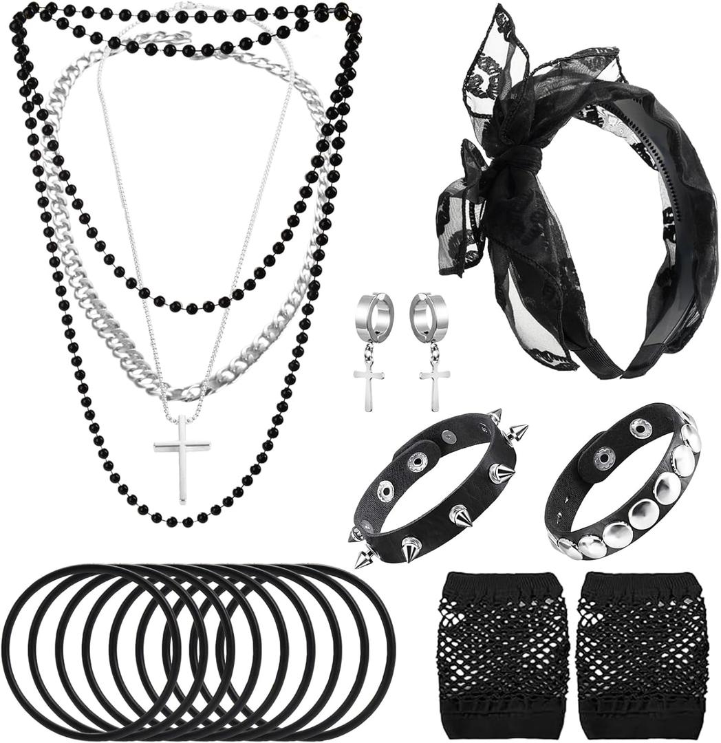 80s Costume Accessories for Women, Punk Fancy Dress Party Kit with Lace Headband Earrings Fishnet Gloves Necklace Bracelet for 80's Retro Themed (Black)