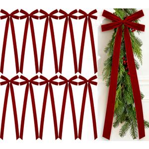 10 Pcs Red Velvet Bows Large 22x8 Inch Pre-Tied Christmas Velvet Bows Christmas Tree Ornaments Vintage Holiday Decor for Xmas Tree Wreath Garland Banister Staircase Fireplace Door