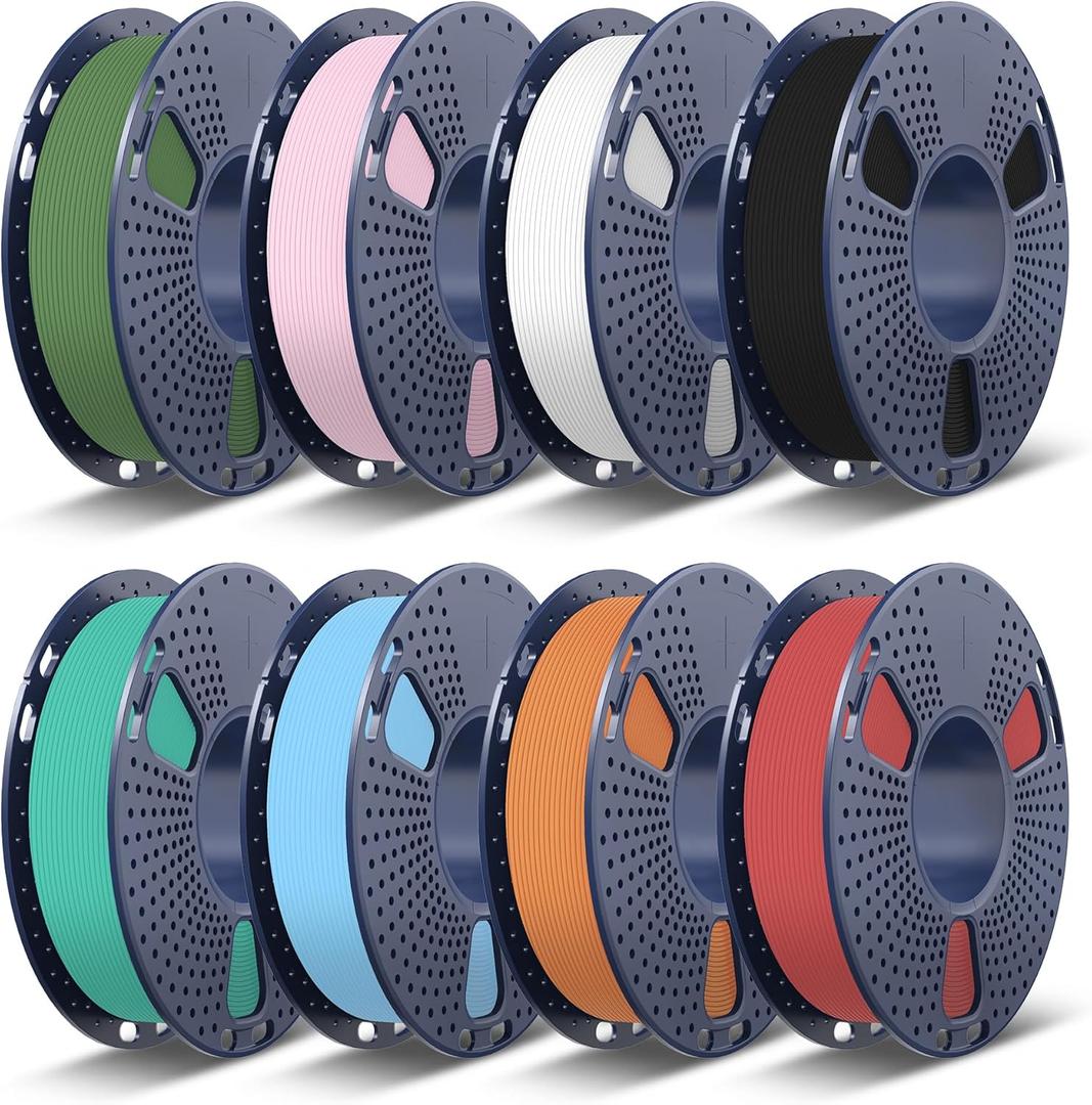 TECBEARS High Speed PLA 3D Printer Filament Bundle, Matte PLA Filament 1.75mm for High Speed 50-600mm/s, 8 Pack,250g Spool, Black+White+Blue+Orange+Pink+Red+Green+Olive Green