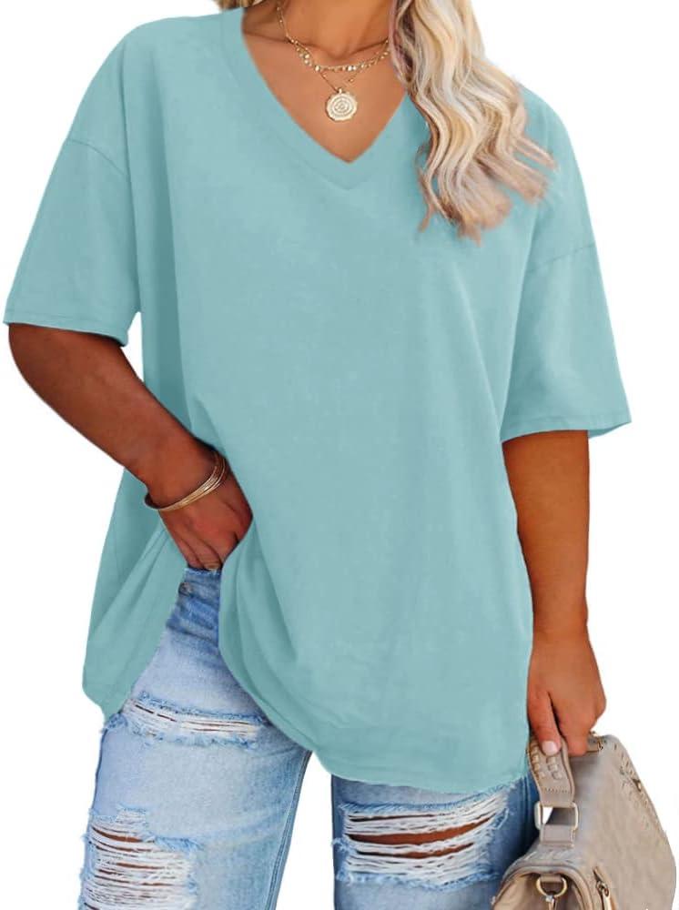 Women's Plus Size V Neck T Shirts Summer Half Sleeve Tees Casual Loose Fit Cotton Tunic Tops (XX-Large) Light Blue 