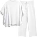 SeeLuNa Women's Two Piece Outfits 3/4 Batwing Sleeve Capelet Crew Neck Pullover Top Wide Leg Pants Lounge Set (White, L)