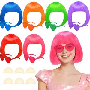6 Pack Colored Short Bob Wigs and 6 Pcs Heart Sunglass Set, Neon Colorful Party Hair Wig for Women Costume Cosplay (Dark)