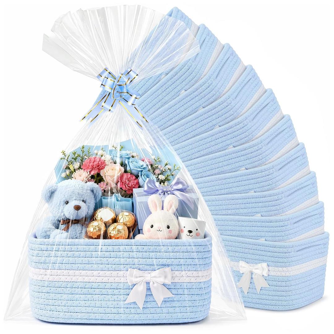 10 Pack Blue Gift Baskets Empty Woven, Cotton Rope Small Basket with Handles, Baby Boy Shower Nursery Organizer, Father's Day Graduation Includes Clear Bags and Bows