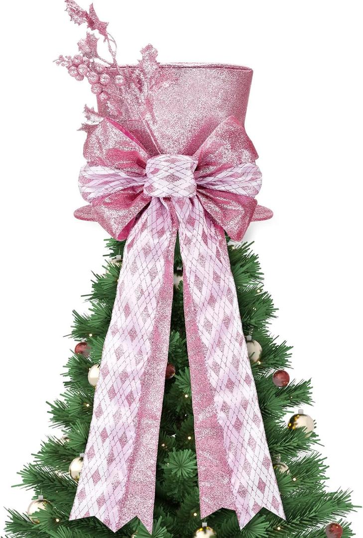 Poen Christmas Tree Topper Hat Shiny Sequins Top Hat with Bow Lengthened Ribbon Tree Topper Santa Christmas Decorations for Xmas Gift Ideas Holiday Winter Party Ornament Supplies(Rose Gold)