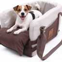 JZXOIVA Console Dog Car Seat & Travel Bed for Small/Medium Dogs, Booster Dog Car Seat with Safety Tether, Non-Slip Base, Washable Cover, Front or Back Seat Pet Carrier Bed, Brown