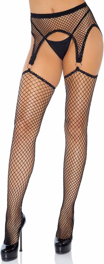 Leg Avenue women's Fishnet Stockings With Attached Garter Belt (One Size, Black Industrial)