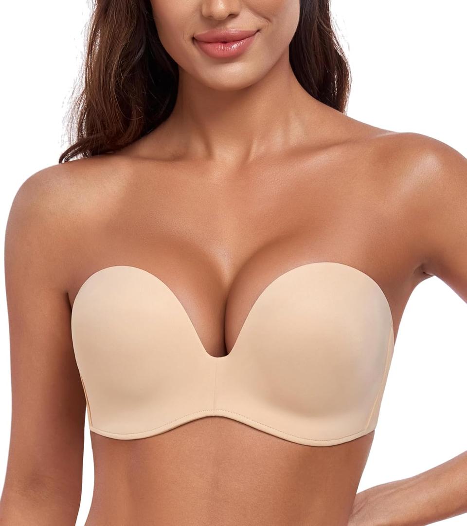 HACI Push Up Strapless Bra for Women Anti-Slip Padded Wireless Stay Put (Beige)