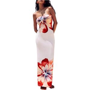 Milumia Women's Floral Print Tube Maxi Dress Strapless Knit Bodycon Long Dresses (Small, Red and White)
