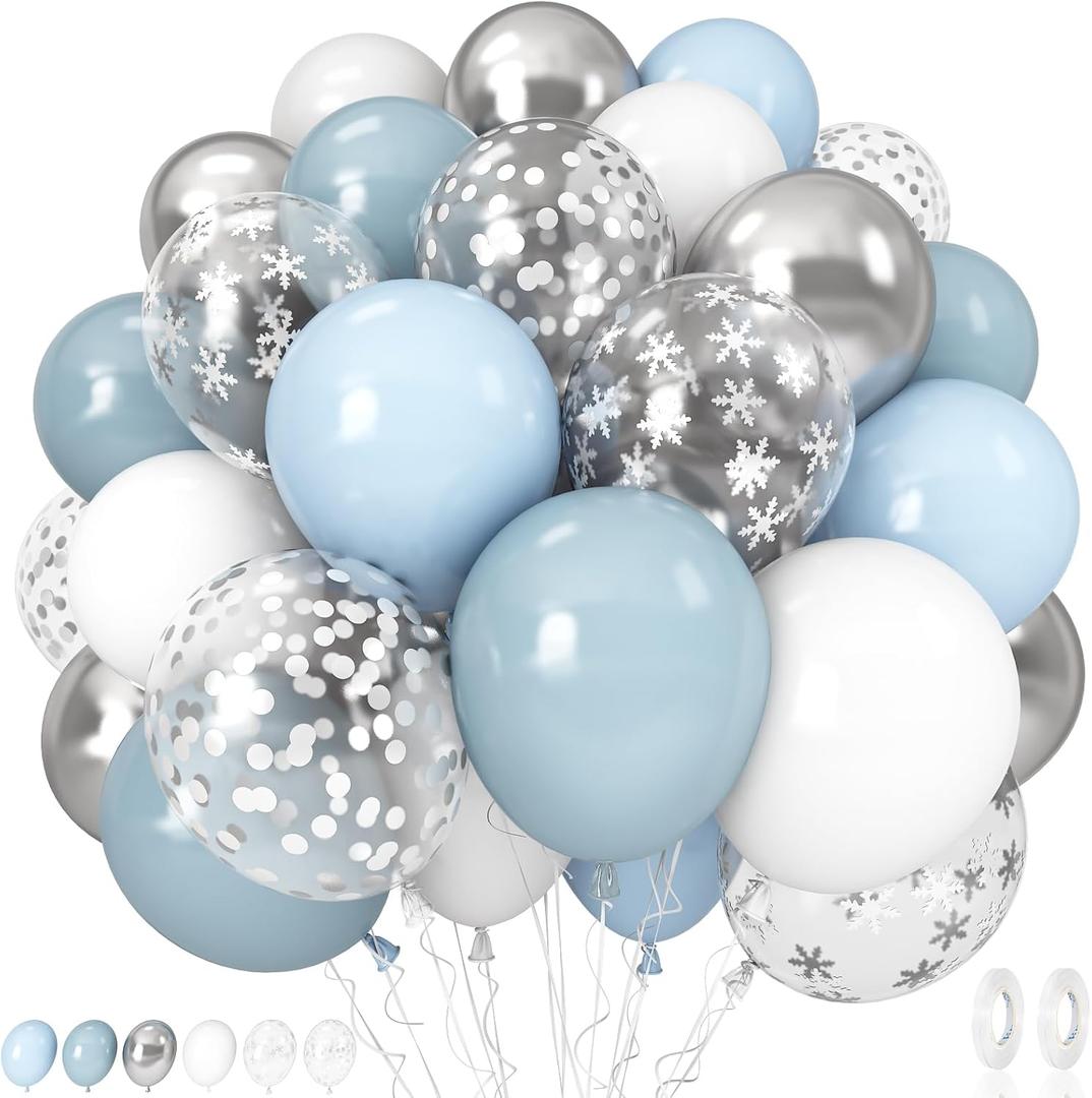 Baby Blue White Winter Wonderland Balloons, 60PCS Dusty Blue and White Metallic Silver Snowflakes Balloons for Ice Snow Wonderland Wedding Birthday Baby Shower Christmas New Years Party Decorations