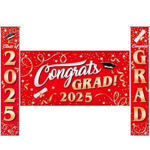JOYIN 3 Pcs Graduation Decorations Class of 2025, Large Graduaiton Banner Set, 2025 Red Congrats Grad Party Backdrop and Banners Hanging Porch Supplies for College Graduation Indoor/ Outdoor Decor
