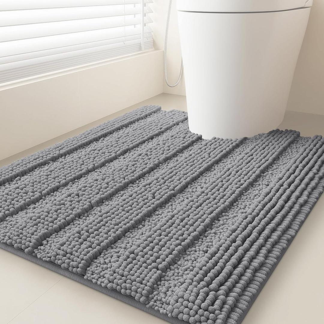 Striped Light Grey Toilet Bathroom Rug Mat 24" x 20" Contour Rug Ultra Soft, Non Slip Chenille Bath Rugs, Absorbent Plush Shaggy Bath Mats for Bathroom, Bedroom, Kitchen, Shower, Tub,Light Gray (1'8" x 2' (Rectangular))