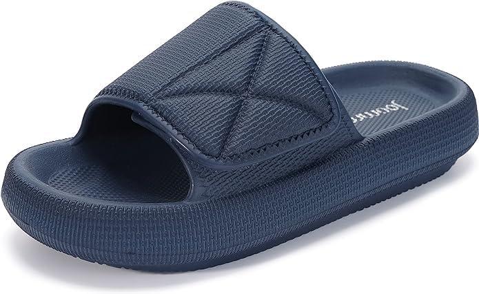 Joomra Adjustable Pillow Slippers for Women Men House Shower Bath Shoes Bathroom Navy Blue Puffy Home EVA Platform Sandals Comfy Foam Cushion Slides for Ladies Female Sandals 7.5-8.5 Women/6-7 Men