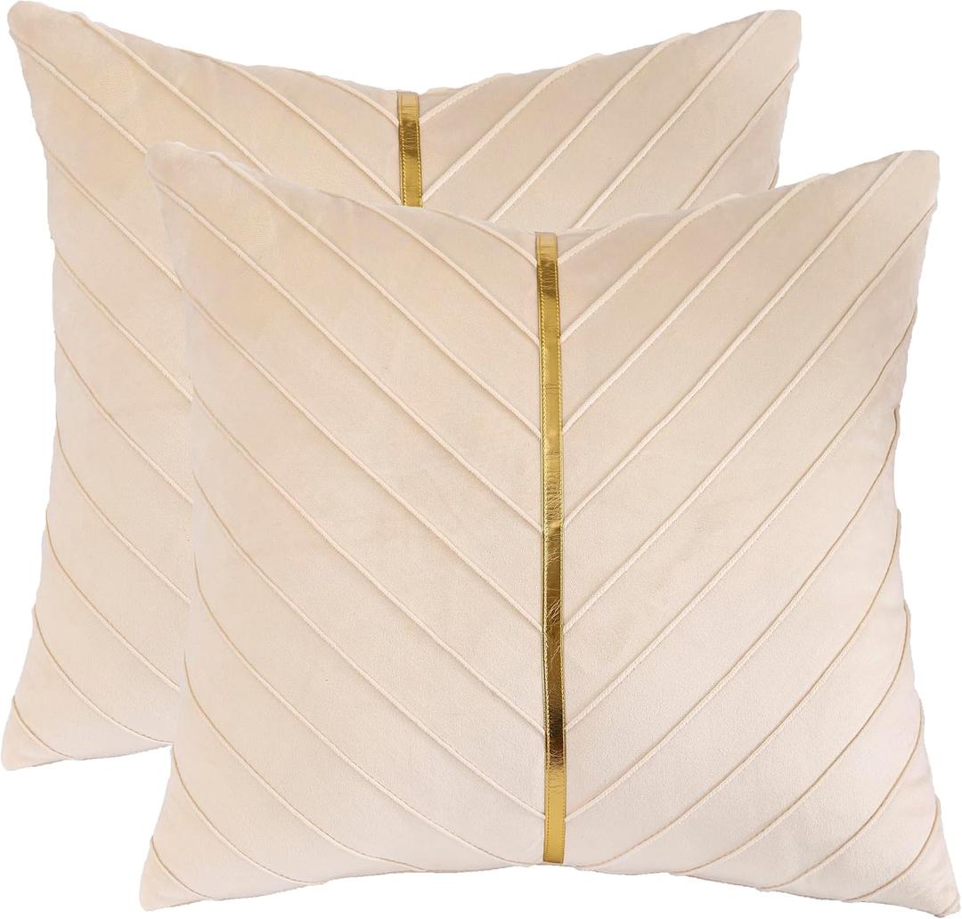 Cream Pillow Covers 18 x 18 Pack of 2 with Gold Leather Soft Velvet Throw Pillow Covers Decorative Couch Pillow Cover Luxury Modern Pillowcases Spring Summer Home Decor for Sofa Bed Living Room