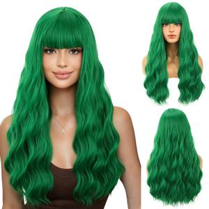 BERON 26 Inches Emerald Green Wig Long Curly Green Wig with Bangs for Women Daily Party Hairnet Include
