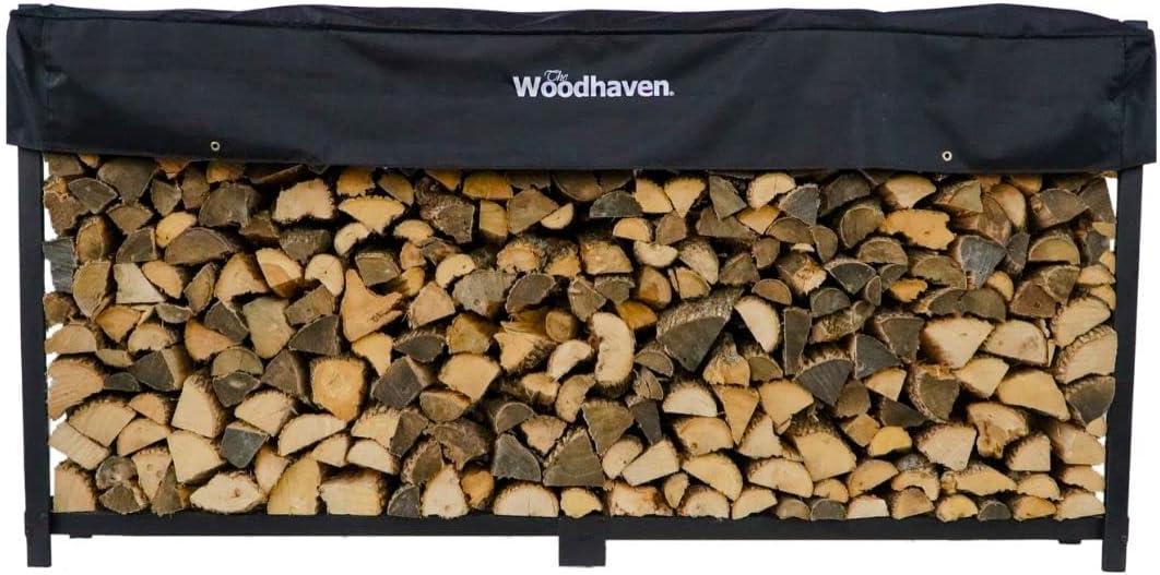 Woodhaven 8 Foot 1/2 Cord Firewood Log Rack With Optional Cover - Made In USA - Outdoor Use Lifetime Structural - Black Texture Powder Coat Finish - Made With Heavy Duty Steel