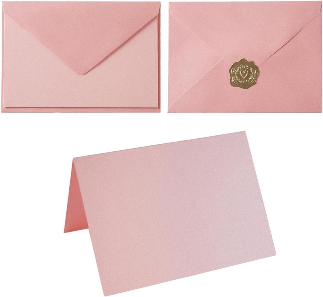 Homtable 50 Pack Shiny Envelopes with Shiny Cards and Gold Stickers for Invitations and Greeting Cards (Shiny Pink, 5x7)
