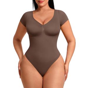 FeelinGirl Shapewear Tummy Control Short Sleeve Bodysuit for Women V Neck Seamless Thong Body Suits Tops (Brown, XL)