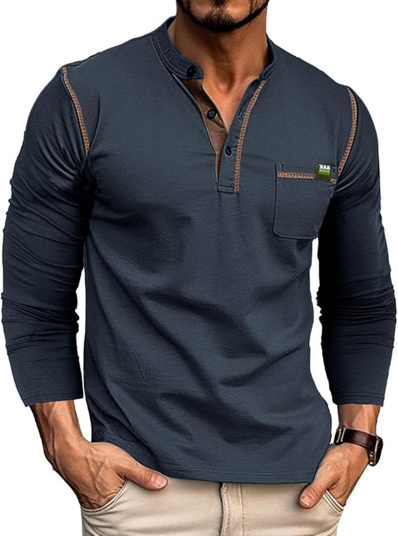 Men's Henley Shirts Short/Long Sleeve Casual Cotton T-Shirt Classic Button Basic Stylish Tees Tops (X-Large)