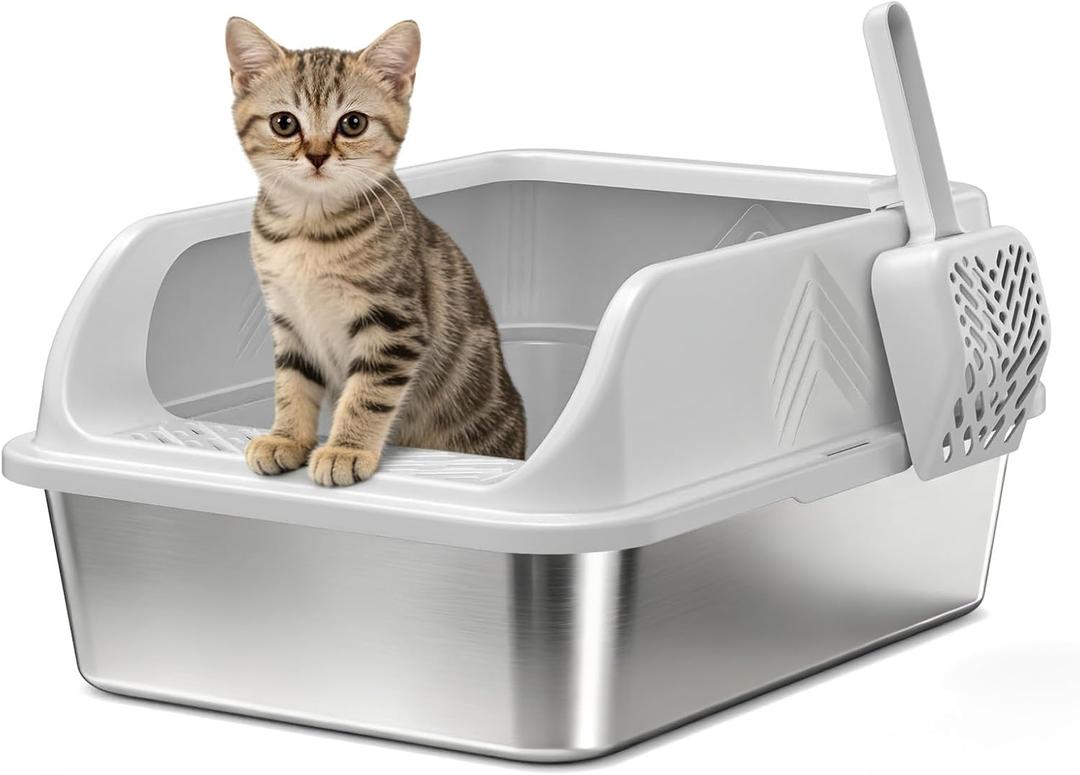 Stainless Steel Litter Box with Lid, Kitten Metal Cat Litter Boxes High Sided Enclosed for Small Cat and Injured Cats Rabbit, Anti-Urine Leakage | Non-Stick Bottom & Includes Scoop