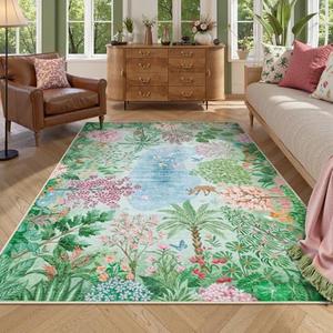 Lahome Spring Jungle Carpet, 5x7 Area Rugs for Bedroom Aesthetic Green Rugs for Living Room, Soft Machine Washable Seasonal Floral Non Slip Non Shedding Floor Carpet for Dorm Playroom Classroom Decor
