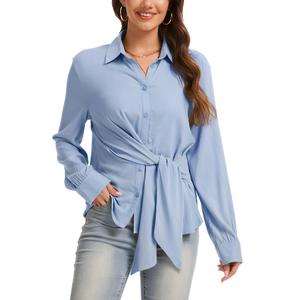 Fyralis Women's Dressy Long Sleeve Button Down Blouse with DIY Knot, Business Casual Lightweight Solid Shirt (US, Alpha, X-Large, Regular, Regular, Blue) (XL)