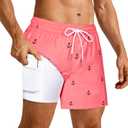 SURF CUZ Mens Swim Trunks with Compression Liner Mens Swimming Trunks 5 Inch Bathing Suit with Zipper Pockets Quick Dry Swim Shorts Pink Anchor Medium (M)