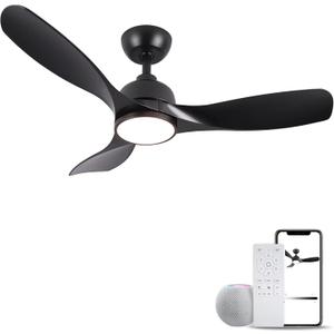 42 Inch Ceiling Fan with Light, Outdoor Ceiling Fans with Reversible Motor, Dimmable, 3-Colors Temperature, 3 ABS Blades, Black Ceiling Fan with Light and Remote for Living Room, Bedroom