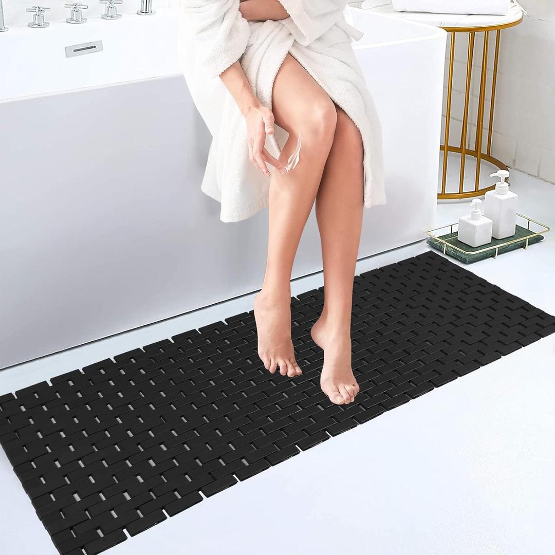 Bambo Bath Mat Bathroom Runner Long Large Rugs Floor Wood Shower Bathtub Waterproof Non Slip Accessories 16x48 Inch Easy to Clean, Black,1 Pc