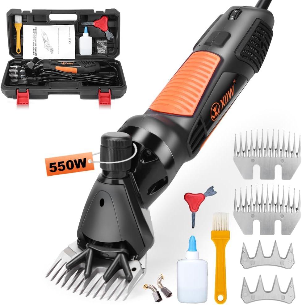 XIIW Sheep Shears 550W, Professional Electric Sheep Clippers, 6 Speeds Farm Livestock Grooming Kit with 2 Sets of Blades, Heavy Duty Goat Clippers for Goats Sheep Cattle Thick Hair Dog Horse Animals