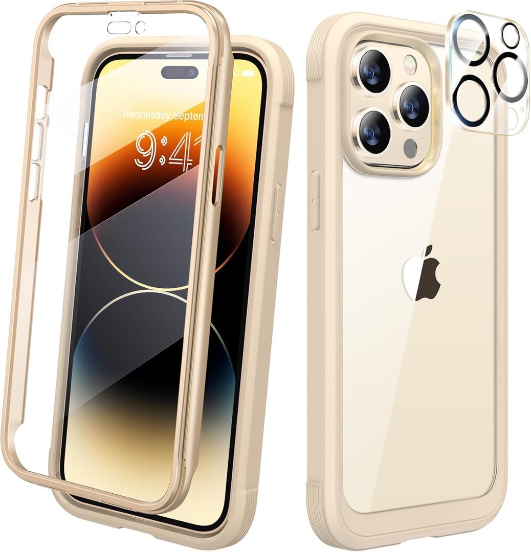 Diaclara Designed for iPhone 14 Pro Max Case 6.7, Full Body Rugged Case [2023 Upgraded] w/Built-in Touch Sensitive Anti-Scratch Screen Protector+Tempered Glass Camera Lens Protector(Bean Yellow)