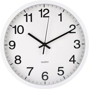 Wall Clock Non-Ticking Silent Quartz Movement Decor Clock Modern Simple Style Round Plastic Wall Clocks for Home/Office/School/Living Room/Bedroom/Kitchen (White, 12 Inch)