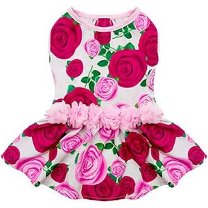 KYEESE Dogs Dress Floral Rose with Flowers Decor Elegant Princess Doggie Dress Small Dogs Spring Summer, L