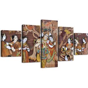 Radha Krishna Wall Decor for Living Room Watercolor Indian God Canvas Print 5 Piece Vintage Artwork Framed 60" Wx32 H