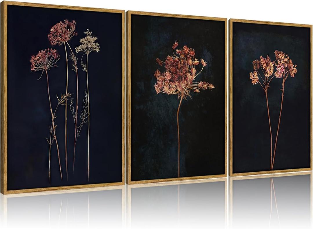 Framed 3Pcs Vintage Wall Art Prints Retro Moody Floral Botanical Canvas Painting Farmhouse Decor Black Dark Flower Picture Poster for Bedroom Living Room 16x24 Inches, Botanical Flowers