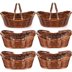 Wesiti 6 Pcs Wicker Picnic Basket with Handle, Hand Woven Harvest Basket Bulk, Wicker Flower Hoppet for Storage, Picnics, Easter, Organizing, Egg Gathering, Candy, Wedding(Dark Brown)