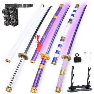 RENGENG Light Up Sword, 40 Inches Rechargeable Pre-Assembled Plastic Replica Anime Sword with Belt & Stand & Spinner set of 3