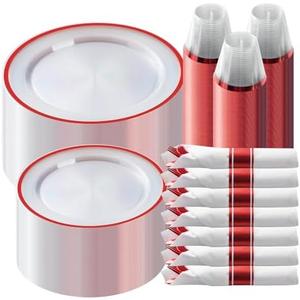 Goodluck 350 Piece Red Plastic Dinnerware Set for Party, Clear Disposable Plates for 50 Guests, Include: 50 Dinner Plastic Plates, 50 Dessert Plates, 50 Pre Rolled Napkins with Cutlery Set, 50 Cups