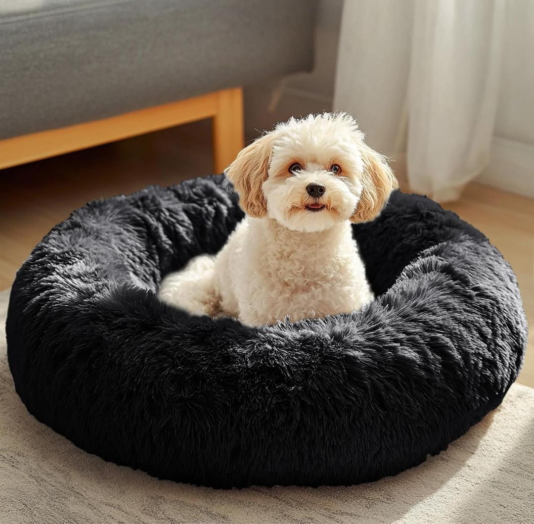 JOLLYVOGUE Dog & Cat Bed, Calming Anti-Anxiety Pet Bed for Small Dogs, Fluffy Donut Cushion for Small and Medium Pets (Black, 23")