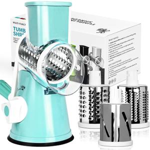 X Home Rotary Cheese Grater for Kitchen, Shredder with 3 Interchangeable Blades, Rotary Grater with Handle and Strong Suction Base, for Vegetables, Fruit, Nuts, Easy to Use and Clean, Blue