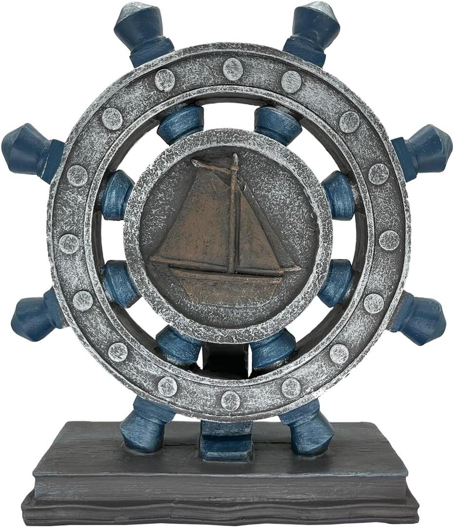 Nautical Decor Rudder-Figurine Mediterranean Style - Blue Boat Steering Model Resin Handicraft White Statue for Bookshelf Desktop Home Decoration