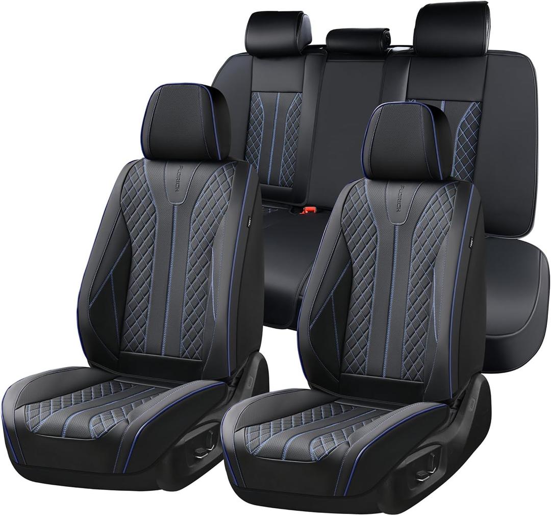 FLORICH Universal Seat Covers for Cars, Front and Back Seat Cover for Car Luxury Faux Leather Waterproof Seat Cover Universal Fit for Most Cars SUV Trucks, Black&Blue Line