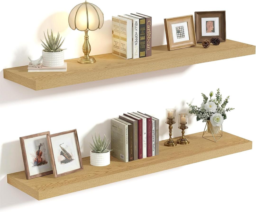 Vivelove 10" Deep Floating Shelves with Invisible Brackets, 36" Wall Shelves for Bathroom Bedroom Kitchen Living Room Laundry Room, Modern Rustic Shelves for Home Decor, 36"x10.2"x1.5", Set of 2, Oak, 35.4wx10.2dx1.5h