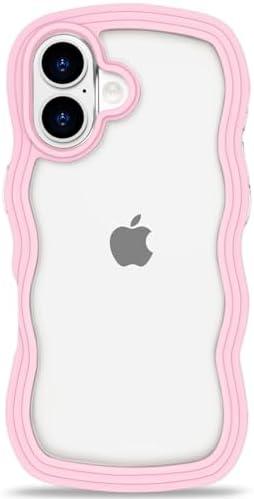Anuck for iPhone 16 Plus Case Wavy Edge Clear Back Design, Anti-Slip Grip Cute Wave Curly Frame Shape Shockproof Soft TPU & Hard Bumper Protective Phone Case Cover for Women Girls, Pink, Set of 2