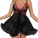 Sexy Open Front Floral Lace Mesh Sheer Babydoll Lingerie Dress Set with Thong 2 Piece (Black Red)