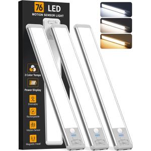 Under Cabinet Lighting Wireless, Rechargeable Motion Sensor Light Indoor, 3 Color Dimmable Closet Light Battery Operated with LED Power Display, Magnetic Under Counter Lights for Kitchen, Home (3Pack)