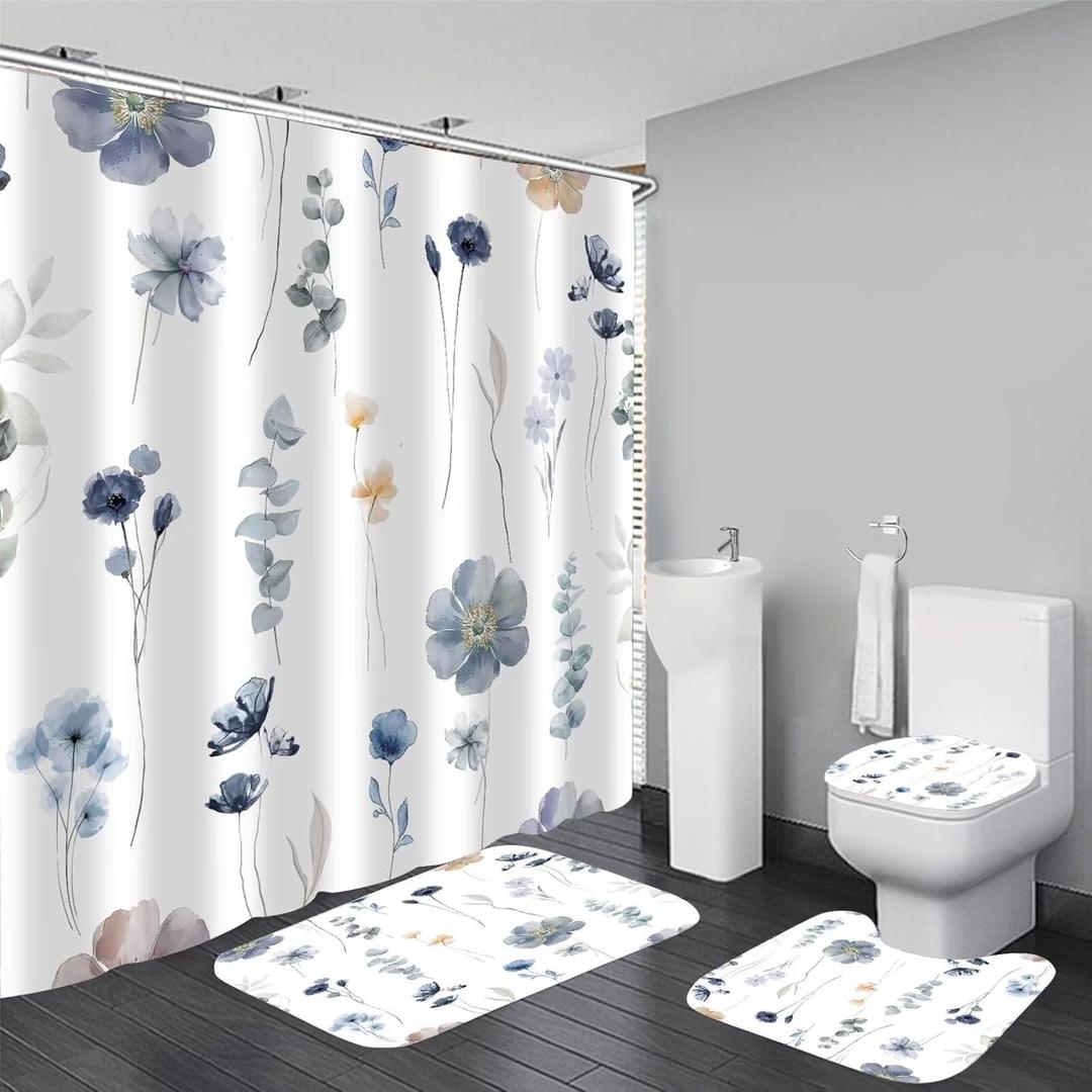 DDQQ 4Pcs Flower Shower Curtain Set with Floral Bathroom Sets, Blue Floral Shower Curtain with 12 Hooks, Bathroom Decor with Rugs Bath Accessories with Shower Curtains for Bathroom Toilet Lid Cover