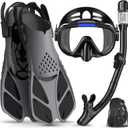 Snorkeling Gear for Adults Men Women,4 in 1 Snorkel Set with Panoramic View Diving Mask Anti-Fog Anti-Leak,Dry Top Snorkel,Fins and Travel Bag for Swimming,Snorkeling and Travel Diving (BLACK)