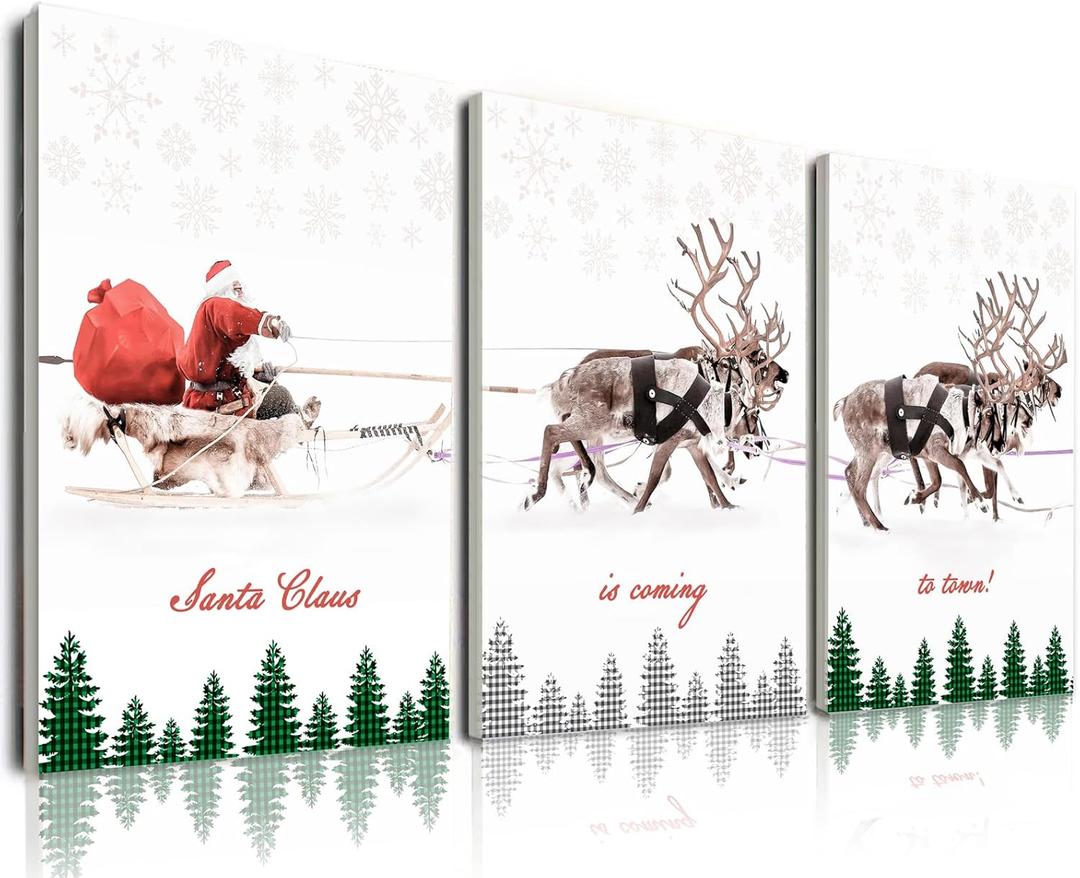 FAEKSUR Christmas Framed Canvas Wall Art Set of 3, Santa Claus Sleigh With Reindeer Design, Holiday Home Wall Decor for Living Room, Bedroom, Kitchen, Office
