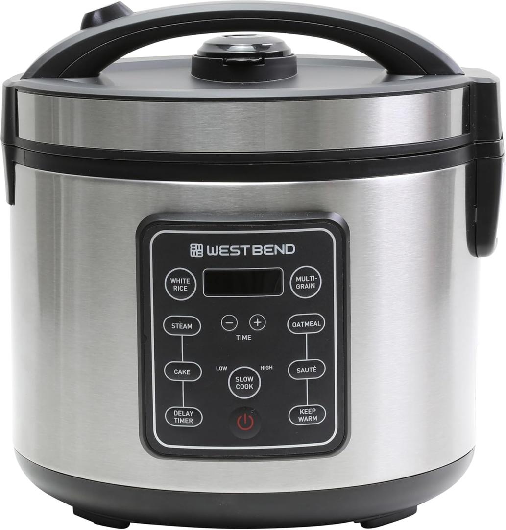 West Bend Rice & Grain Multi Cooker Programmable with 9 Preset Functions, Features Delay Start and Keep Warm Functions and Steam Basket, 20 Cups Cooked (10 cups uncooked), Stainless Steel