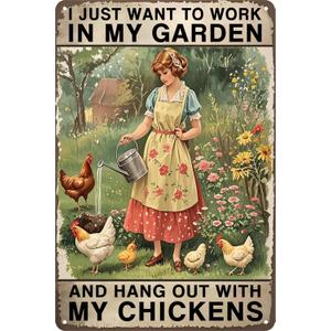 Chicken Coop Decor Garden Signs Themed Gifts For Women Metal Signs For Outside Personalized Signs For Outdoor Chicken Coop Accessories Gardening Stuff I Just Want To Work In My Garden And Hang Out With My Chickens Sign Gifts 8x12 In (316)